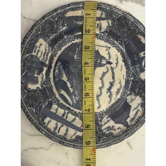 Vintage cobalt Souvenir Boston MA State House olde blue plate co Flowe Scalloped - Picture 9 of 11